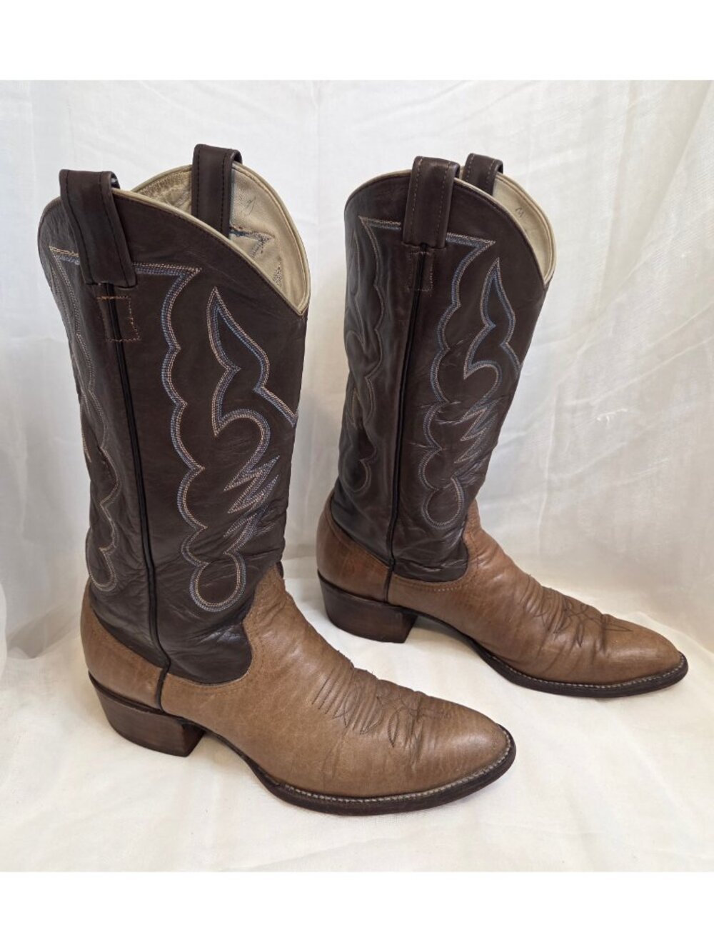 Vtg Larry Mahan Cowboy Boots Mens 9.5 B Brown Two Tone Blue Stitch Tall LM470